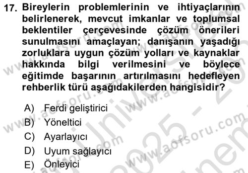 Din Eğitimi ve Din Hizmetlerinde Rehberlik Dersi 2025 - 2026 Yılı (Final) Dönem Sonu Sınav Soruları 17. Soru