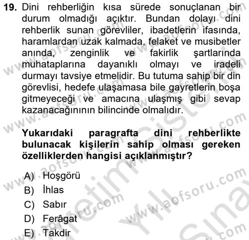 Din Eğitimi ve Din Hizmetlerinde Rehberlik Dersi 2025 - 2026 Yılı (Final) Dönem Sonu Sınav Soruları 19. Soru