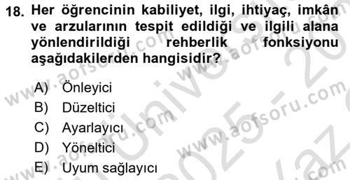 Din Eğitimi ve Din Hizmetlerinde Rehberlik Dersi 2025 - 2026 Yılı Yaz Okulu Sınav Soruları 18. Soru