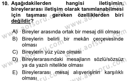 Bireyler Arası İletişim Dersi Ara Sınavı Deneme Sınav Soruları 10. Soru