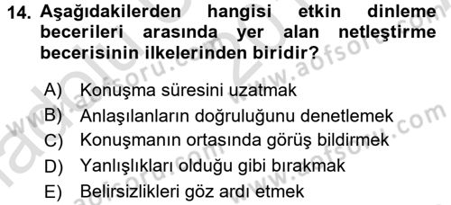 Bireyler Arası İletişim Dersi 2016 - 2017 Yılı (Vize) Ara Sınav Soruları 14. Soru