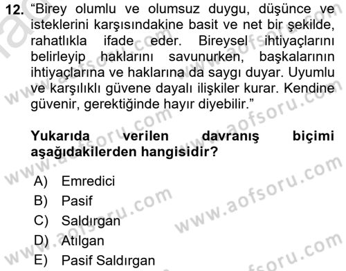 Bireyler Arası İletişim Dersi Ara Sınavı Deneme Sınav Soruları 12. Soru