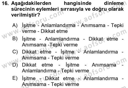 Bireyler Arası İletişim Dersi Ara Sınavı Deneme Sınav Soruları 16. Soru