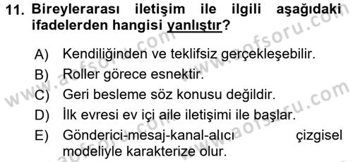 Bireyler Arası İletişim Dersi 2017 - 2018 Yılı (Final) Dönem Sonu Sınav Soruları 11. Soru