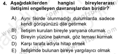 Bireyler Arası İletişim Dersi 2017 - 2018 Yılı (Final) Dönem Sonu Sınav Soruları 4. Soru