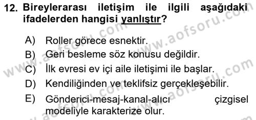 Bireyler Arası İletişim Dersi 2018 - 2019 Yılı 3 Ders Sınav Soruları 12. Soru