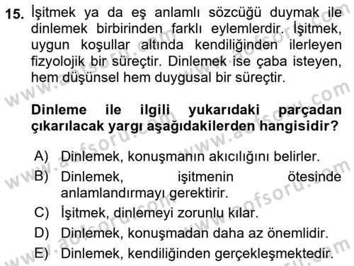 Bireyler Arası İletişim Dersi 2018 - 2019 Yılı (Vize) Ara Sınav Soruları 15. Soru