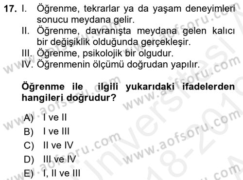 Bireyler Arası İletişim Dersi 2018 - 2019 Yılı (Vize) Ara Sınav Soruları 17. Soru