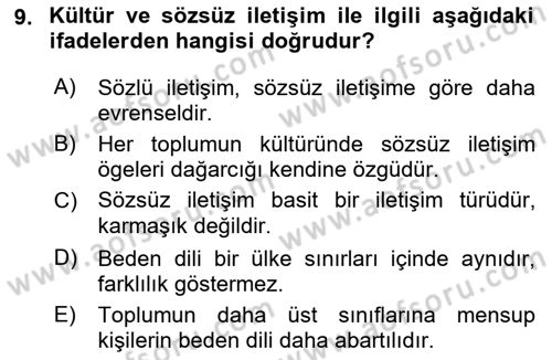 Bireyler Arası İletişim Dersi 2018 - 2019 Yılı (Final) Dönem Sonu Sınav Soruları 9. Soru