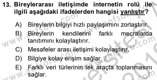Bireyler Arası İletişim Dersi 2018 - 2019 Yılı Yaz Okulu Sınav Soruları 13. Soru