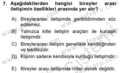Bireyler Arası İletişim Dersi 2020 - 2021 Yılı Yaz Okulu Sınav Soruları 7. Soru