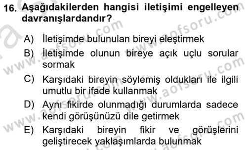 Bireyler Arası İletişim Dersi Ara Sınavı Deneme Sınav Soruları 16. Soru