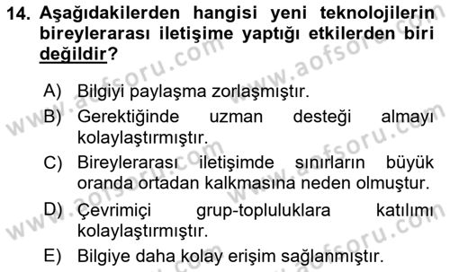 Bireyler Arası İletişim Dersi 2021 - 2022 Yılı Yaz Okulu Sınav Soruları 14. Soru
