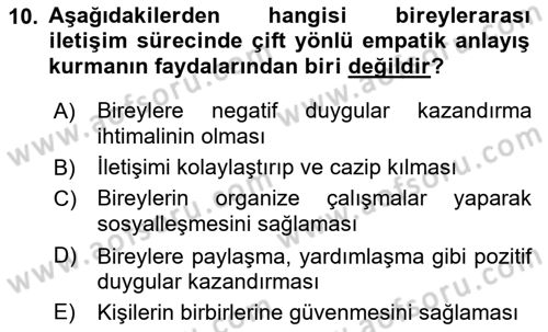 Bireyler Arası İletişim Dersi Ara Sınavı Deneme Sınav Soruları 10. Soru
