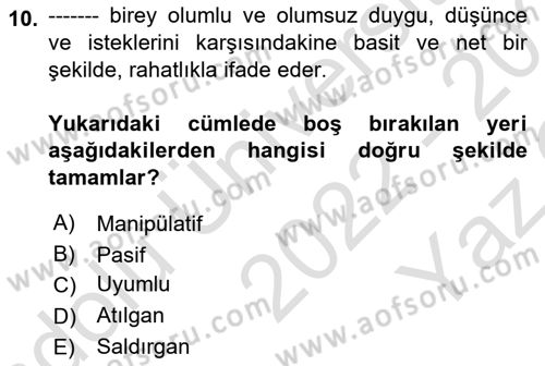 Bireyler Arası İletişim Dersi 2022 - 2023 Yılı Yaz Okulu Sınav Soruları 10. Soru