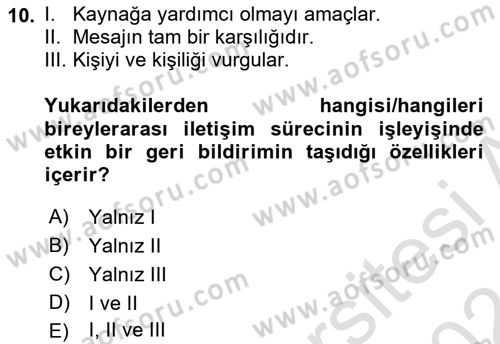 Bireyler Arası İletişim Dersi Ara Sınavı Deneme Sınav Soruları 10. Soru