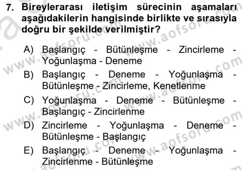 Bireyler Arası İletişim Dersi Ara Sınavı Deneme Sınav Soruları 7. Soru