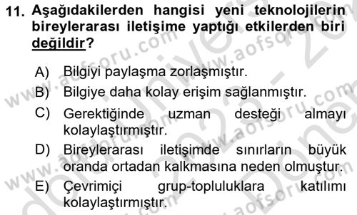 Bireyler Arası İletişim Dersi 2023 - 2024 Yılı (Final) Dönem Sonu Sınav Soruları 11. Soru