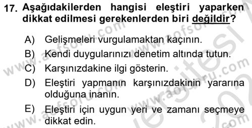 Bireyler Arası İletişim Dersi 2023 - 2024 Yılı (Final) Dönem Sonu Sınav Soruları 17. Soru