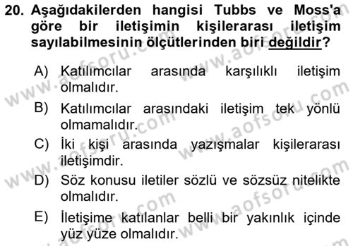 Bireyler Arası İletişim Dersi 2023 - 2024 Yılı (Final) Dönem Sonu Sınav Soruları 20. Soru