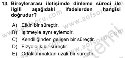 Bireyler Arası İletişim Dersi 2024 - 2025 Yılı (Vize) Ara Sınav Soruları 13. Soru