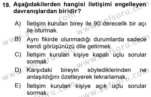 Bireyler Arası İletişim Dersi 2024 - 2025 Yılı (Vize) Ara Sınav Soruları 19. Soru