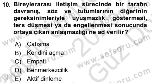 Bireyler Arası İletişim Dersi 2025 - 2026 Yılı (Vize) Ara Sınav Soruları 10. Soru