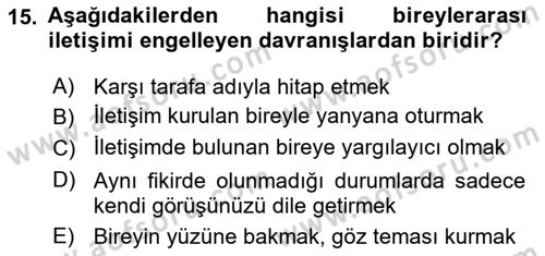 Bireylerarası İletişim Dersi 2019 - 2020 Yılı (Vize) Ara Sınavı 15. Soru