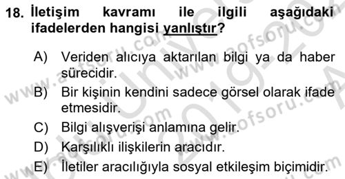 Bireylerarası İletişim Dersi 2019 - 2020 Yılı (Vize) Ara Sınavı 18. Soru