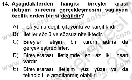 Bireylerarası İletişim Dersi 2020 - 2021 Yılı Yaz Okulu Sınavı 14. Soru