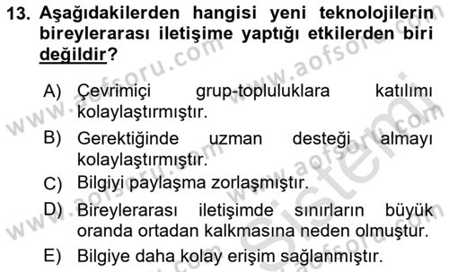 Bireylerarası İletişim Dersi 2021 - 2022 Yılı (Final) Dönem Sonu Sınavı 13. Soru