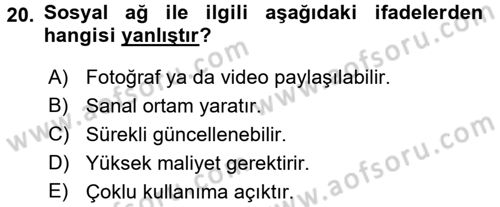 Yeni İletişim Teknolojileri Dersi 2015 - 2016 Yılı Tek Ders Sınav Soruları 20. Soru