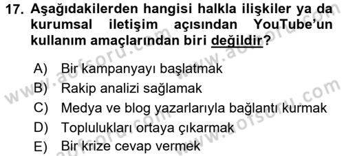 Yeni İletişim Teknolojileri Dersi 2016 - 2017 Yılı (Final) Dönem Sonu Sınav Soruları 17. Soru