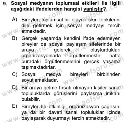 Yeni İletişim Teknolojileri Dersi 2016 - 2017 Yılı (Final) Dönem Sonu Sınav Soruları 9. Soru