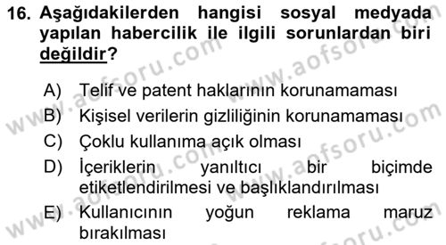 Yeni İletişim Teknolojileri Dersi 2018 - 2019 Yılı Yaz Okulu Sınav Soruları 16. Soru