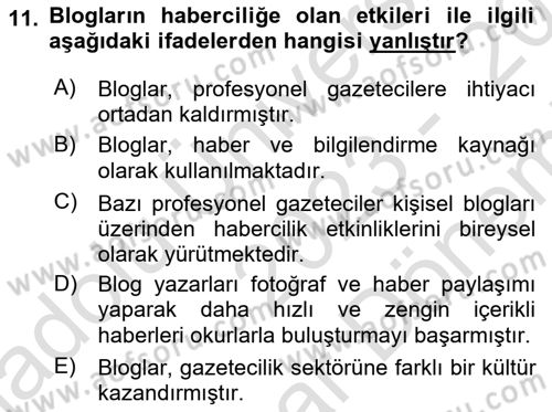 Yeni İletişim Teknolojileri Dersi 2023 - 2024 Yılı (Final) Dönem Sonu Sınav Soruları 11. Soru