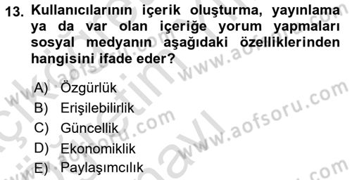 Yeni İletişim Teknolojileri Dersi 2023 - 2024 Yılı Yaz Okulu Sınav Soruları 13. Soru