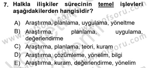 Halkla İlişkiler Ve İletişim Dersi 2019 - 2020 Yılı (Final) Dönem Sonu Sınavı 7. Soru