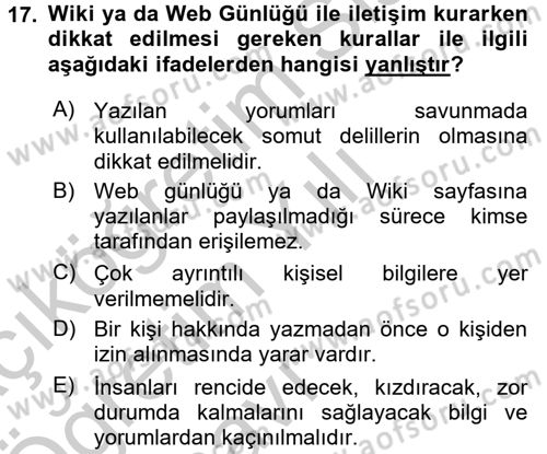İletişim Bilgisi Dersi 2016 - 2017 Yılı 3 Ders Sınav Soruları 17. Soru