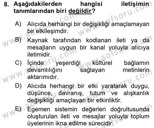 İletişim Bilgisi Dersi Ara Sınavı Deneme Sınav Soruları 8. Soru