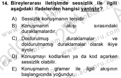 İletişim Bilgisi Dersi 2017 - 2018 Yılı (Vize) Ara Sınav Soruları 14. Soru