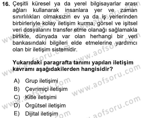 İletişim Bilgisi Dersi 2017 - 2018 Yılı (Final) Dönem Sonu Sınav Soruları 16. Soru