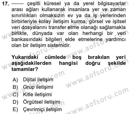 İletişim Bilgisi Dersi 2018 - 2019 Yılı (Final) Dönem Sonu Sınav Soruları 17. Soru