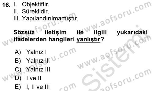 İletişim Bilgisi Dersi Ara Sınavı Deneme Sınav Soruları 16. Soru