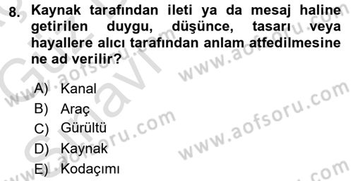 İletişim Bilgisi Dersi Ara Sınavı Deneme Sınav Soruları 8. Soru