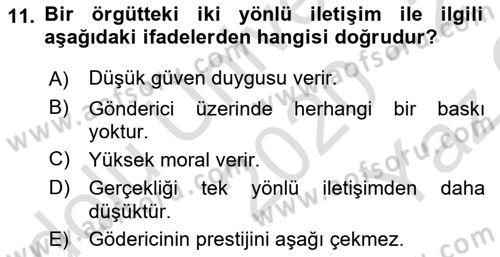 İletişim Bilgisi Dersi 2020 - 2021 Yılı Yaz Okulu Sınav Soruları 11. Soru