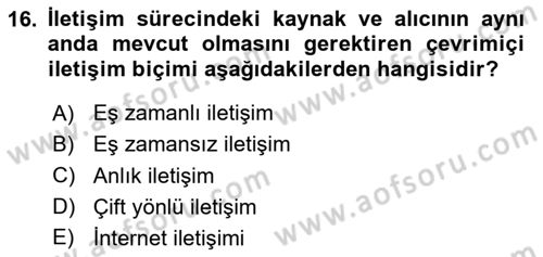 İletişim Bilgisi Dersi 2020 - 2021 Yılı Yaz Okulu Sınavı 16. Soru