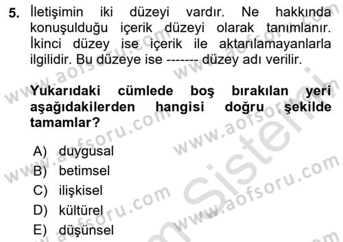 İletişim Bilgisi Dersi 2020 - 2021 Yılı Yaz Okulu Sınavı 5. Soru