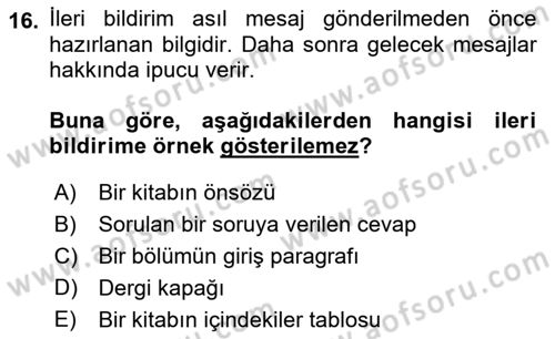 İletişim Bilgisi Dersi Ara Sınavı Deneme Sınav Soruları 16. Soru
