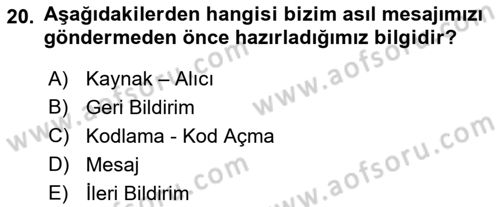 İletişim Bilgisi Dersi 2023 - 2024 Yılı (Vize) Ara Sınav Soruları 20. Soru